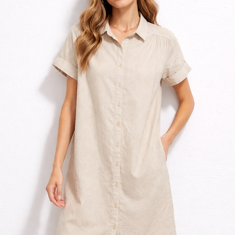 Well Worn Button-Front Shirt Dress in Cream L